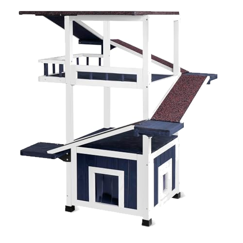 FunXplore 4 Tiers Outdoor Cat House Weatherproof Cat Tree Tower 45.1" H Feral Cat Shelter Outside Enclosure Multi-Level Play Zones Waterproof Roof 2 Escape Doors