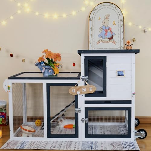 Rabbit Hutch Indoor Outdoor Bunny Cage with Weather-Resistant Roof